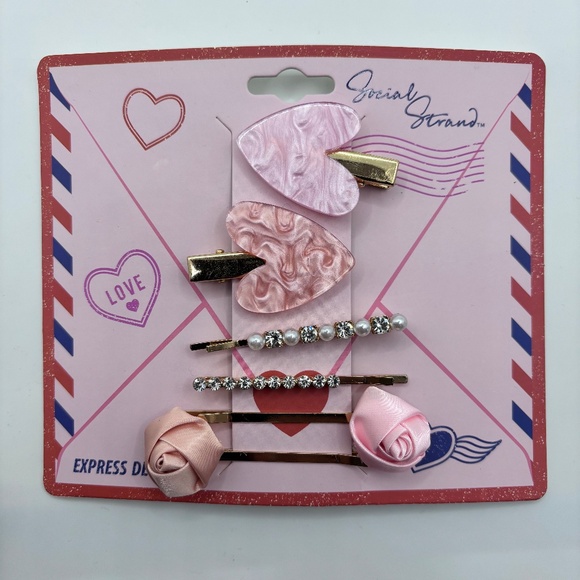 Social Strand Accessories - Social Strand Heart and Rose Hair Pins w faux Gold clip